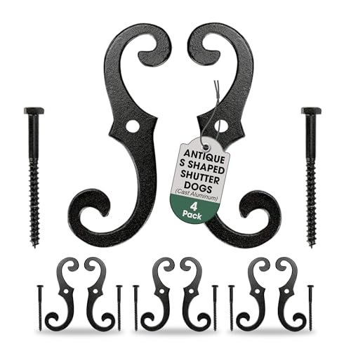 Renovators Supply Manufacturing Black Shutter Dogs 6.5 in. Decorative S Shaped Cast Aluminum Shutter Dogs with Mounting Hardware Pack of 4 - Image 1