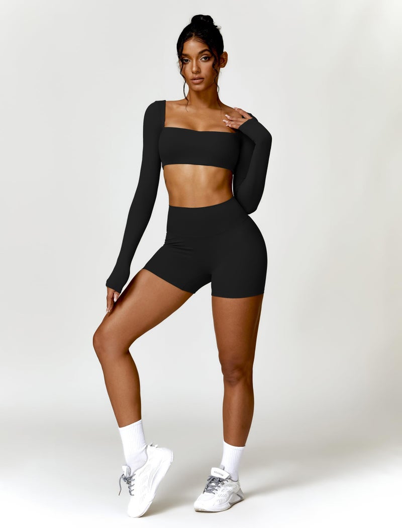 ABOCIW Workout Sets for Women 2 Piece Square Neck Long Sleeve Crop Tops High Waist Biker Shorts Gym Sets Black Medium - Image 5