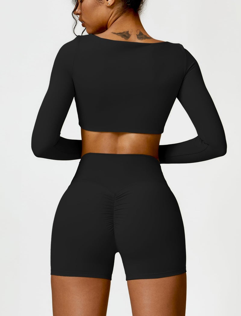 ABOCIW Workout Sets for Women 2 Piece Square Neck Long Sleeve Crop Tops High Waist Biker Shorts Gym Sets Black Medium - Image 2