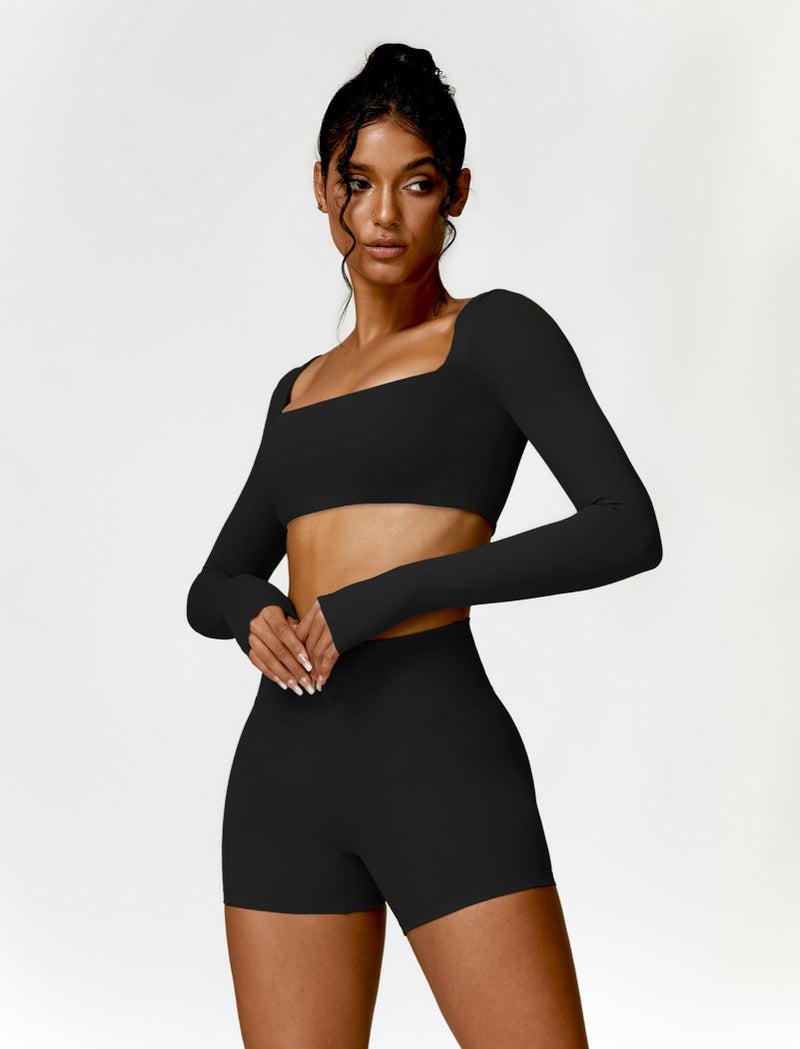 ABOCIW Workout Sets for Women 2 Piece Square Neck Long Sleeve Crop Tops High Waist Biker Shorts Gym Sets Black Medium - Image 3