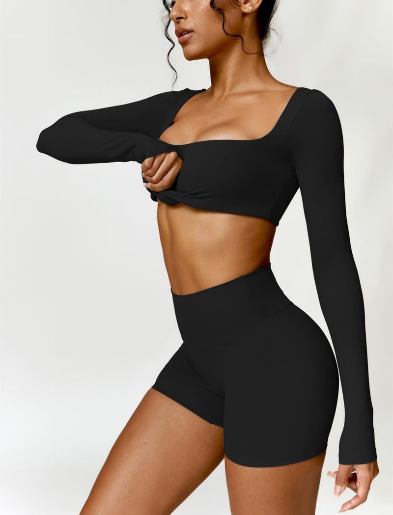 ABOCIW Workout Sets for Women 2 Piece Square Neck Long Sleeve Crop Tops High Waist Biker Shorts Gym Sets Black Medium - Image 4