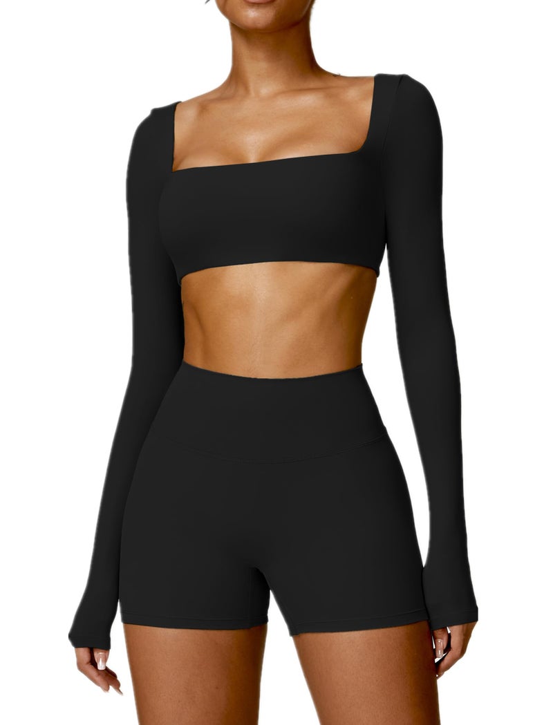 ABOCIW Workout Sets for Women 2 Piece Square Neck Long Sleeve Crop Tops High Waist Biker Shorts Gym Sets Black Medium - Image 1