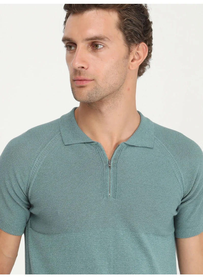 Kip Dark Mint Polo Neck Jacquard Sweater