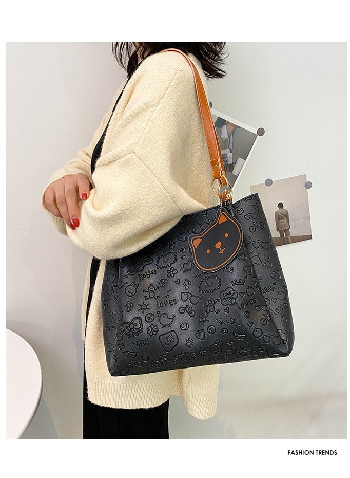 Women's One Shoulder Tote Bag Imitation Leather Handbag Women's Large Capacity Bucket Bag Fashion Travel Messenger Shoulder Bag Suitable for Girls College Students (Black)  - Image 1