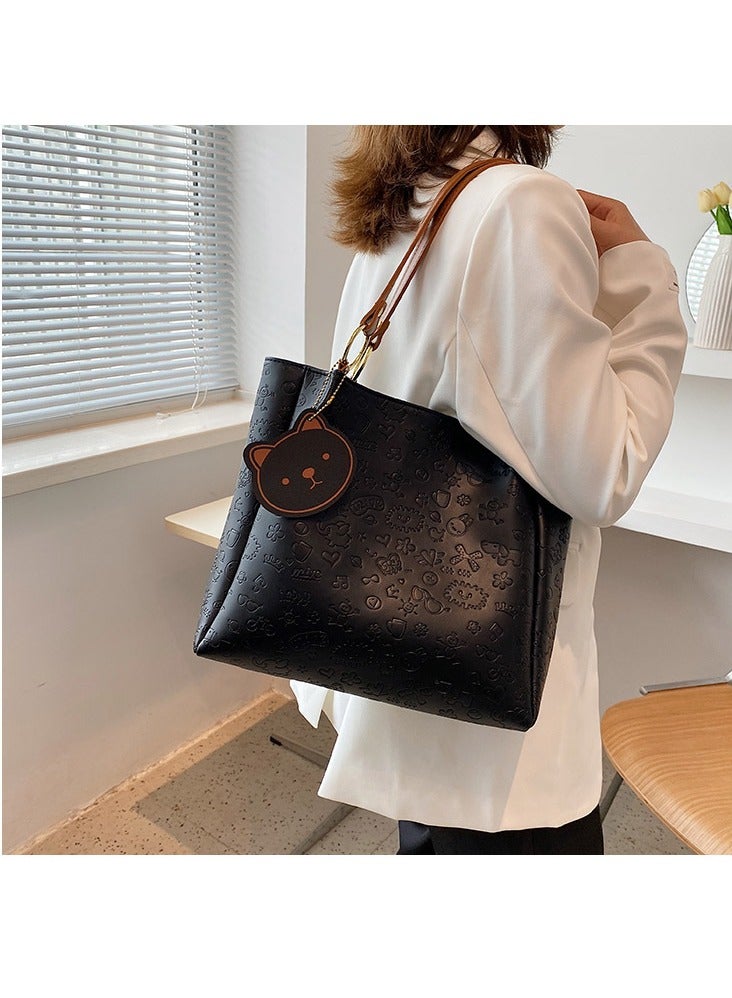 Women's One Shoulder Tote Bag Imitation Leather Handbag Women's Large Capacity Bucket Bag Fashion Travel Messenger Shoulder Bag Suitable for Girls College Students (Black)  - Image 2