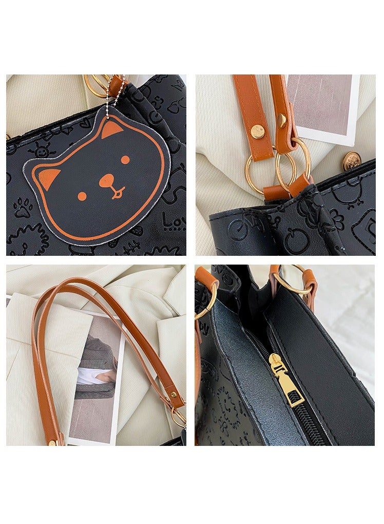 Women's One Shoulder Tote Bag Imitation Leather Handbag Women's Large Capacity Bucket Bag Fashion Travel Messenger Shoulder Bag Suitable for Girls College Students (Black)  - Image 3