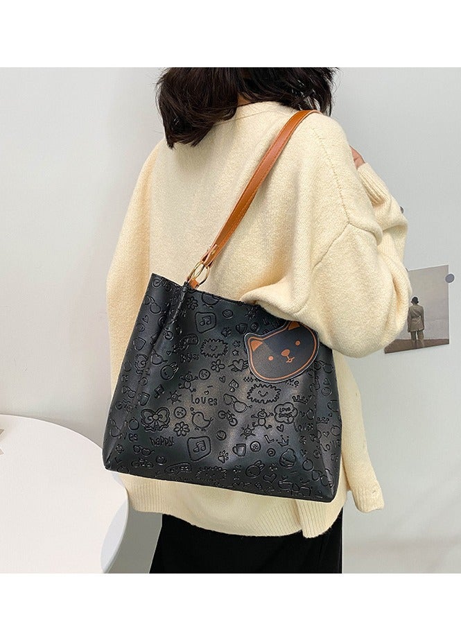 Women's One Shoulder Tote Bag Imitation Leather Handbag Women's Large Capacity Bucket Bag Fashion Travel Messenger Shoulder Bag Suitable for Girls College Students (Black)  - Image 4
