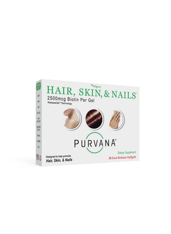 wellgenix Purvana Hair Skin And Nails Vitamin Softgels For High Absorption Double Strength 2500Mcg Biotin Vit A & B Folic Acid Grape Seed Extract Herbal Supplement (30 Count) - Image 1