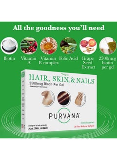 wellgenix Purvana Hair Skin And Nails Vitamin Softgels For High Absorption Double Strength 2500Mcg Biotin Vit A & B Folic Acid Grape Seed Extract Herbal Supplement (30 Count)  - Image 4
