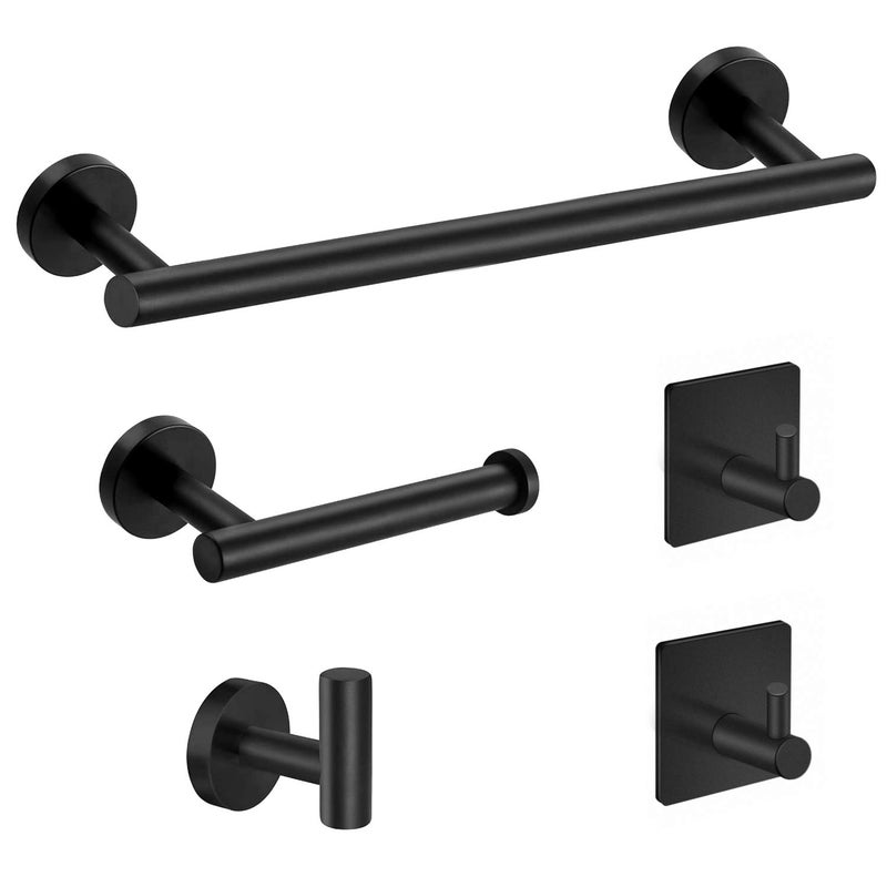 Tudoccy 5Pieces Matte Black Bathroom Hardware Set SUS304 Stainless Steel Round Wall Mounted  Includes 24 Hand Towel Bar Toilet Paper Holder 3 Robe Towel Hooks Bathroom Accessories Kit