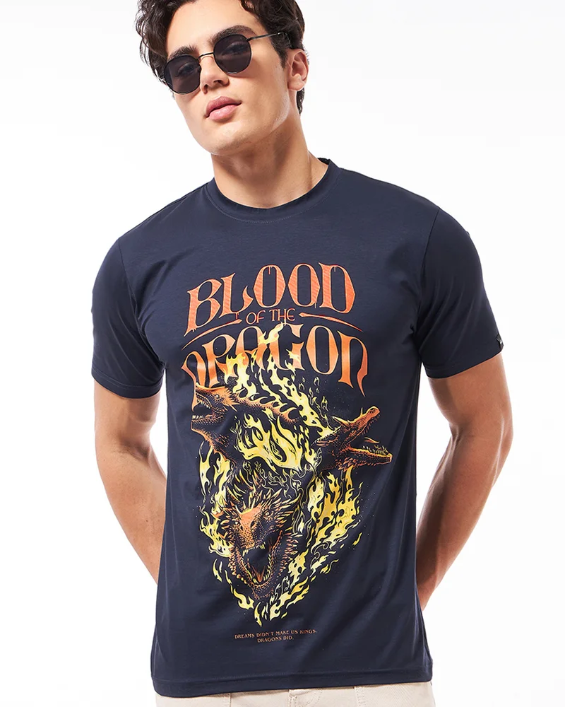 بيواكوف تيشيرت رجالي بطبعة تنين الدم باللون الأزرق الداكن