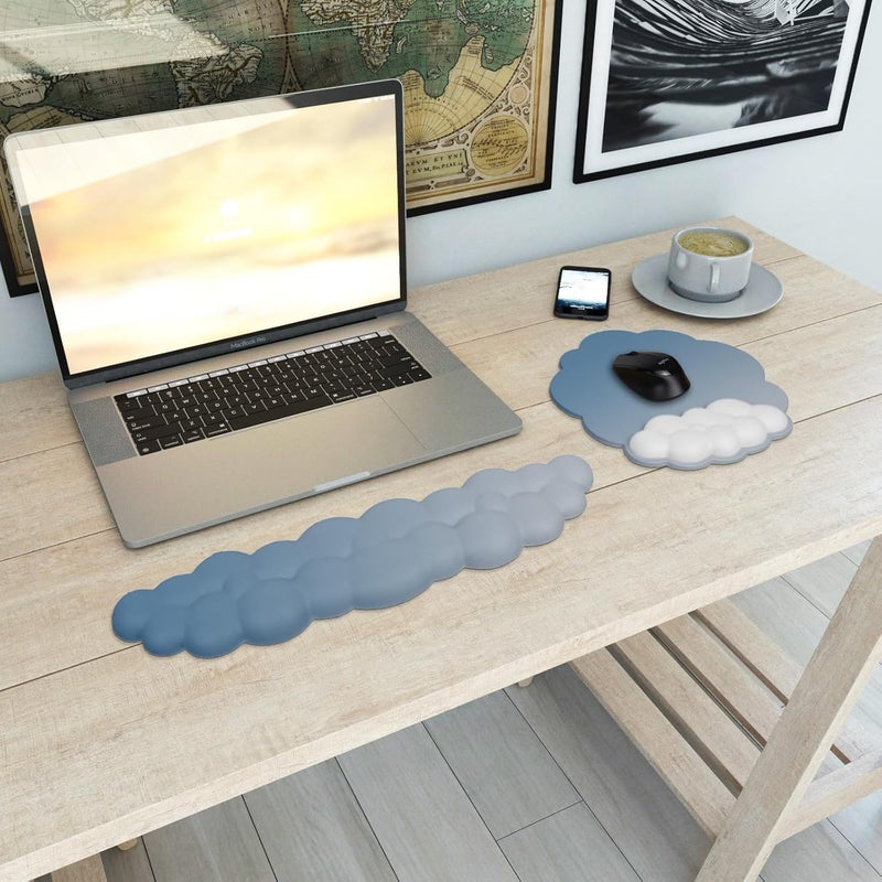 White Blue Gradient Mouse And Keyboard Pad Set With Wrist Rest Non Slip Base Comfortable For Office Gaming - Image 1