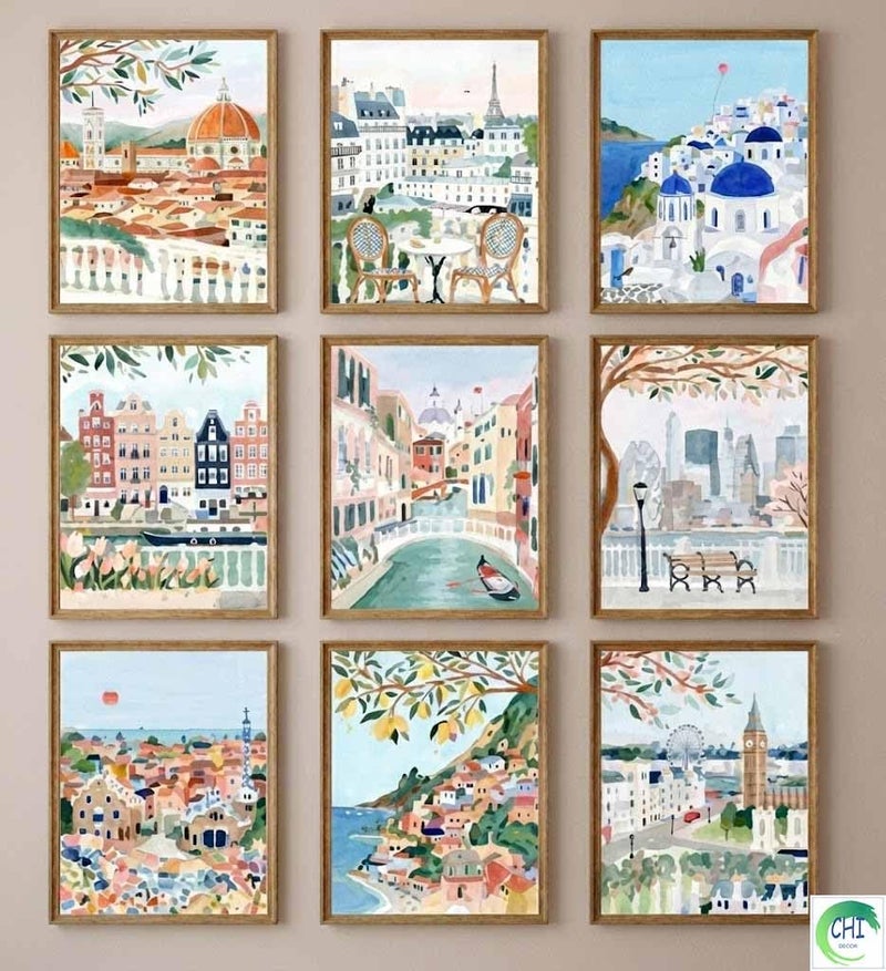 LANCHI95 Vintage Travel City Posters Wall Art, Europe Italy Cities Art Prints Painting, Trendy Modern Colorful Landscape Wall Decor for Living Room Bedroom Bathroom 8x10inch Set of 9 UNFRAMED - Image 1