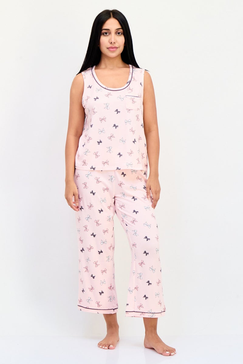 PJ Couture Women 2 Pieces Allover Print Sleeveless Pajama Top And Bottom Set, Multicolor - Image 1