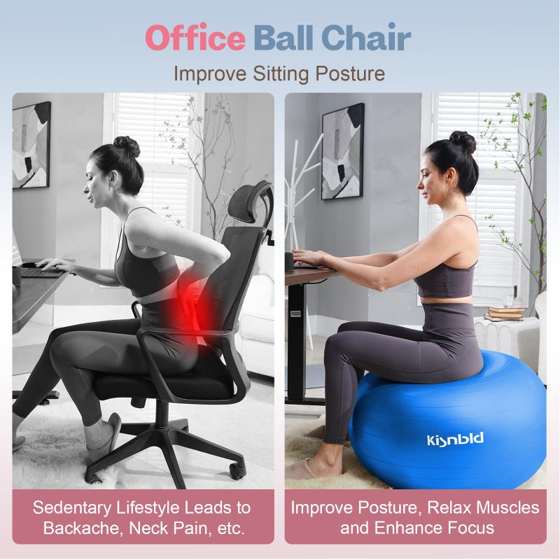 kisnbld Exercise Ball, Extra Thick Yoga Ball for Workout Pregnancy Stability, 4 Sizes Anti-Burst Balance Ball with Foot Pump - Heavy Duty Fitness Ball Chair for Office, Home & Gym - Image 3