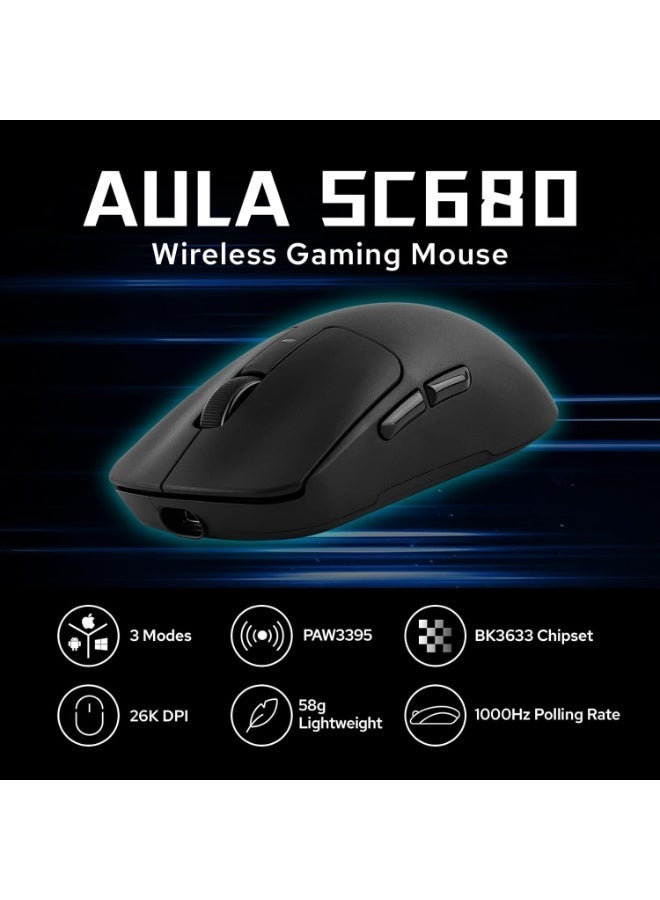 AULA فأرة الألعاب اللاسلكية SC680 سوبرلايت، ثلاثية الوضع 2.4G/BT5.0/USB-C، فأرة لاسلكية قابلة لإعادة الشحن بدقة 26000 نقطة في البوصة مع 6 أزرار قابلة للبرمجة، فأرة كمبيوتر مريحة للابتوب/الكمبيوتر الشخصي/ماك/اللوحي - Image 3