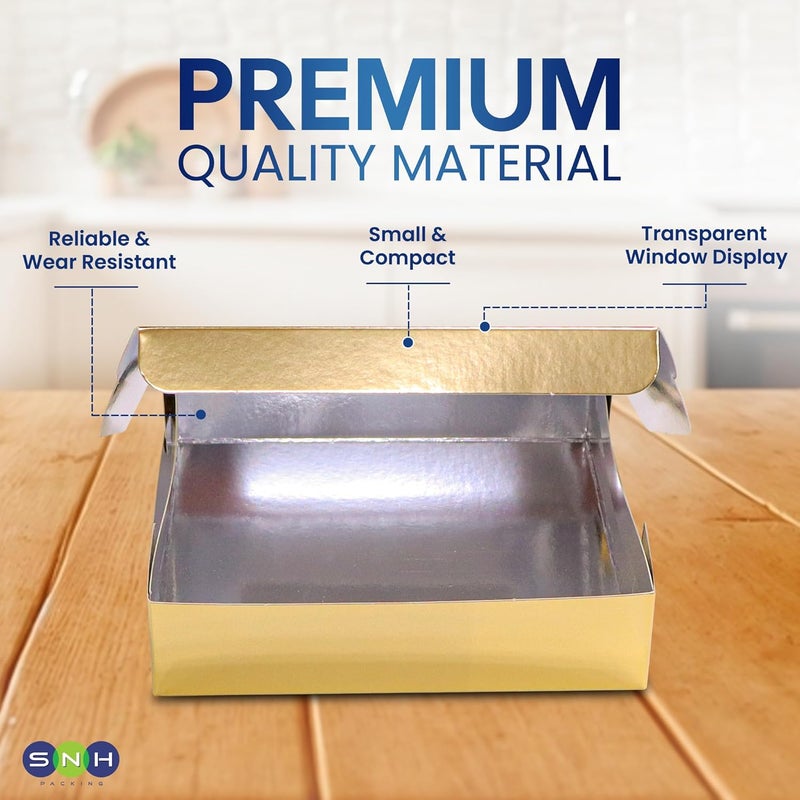 SNH Packing Pack 5 Gold Bakery Box with Window, 20 x 20 cm Sturdy Aluminum Treat Boxes for Cookies, Pastries, Donuts & Cakes - Dessert Gift Boxes for Weddings, Birthdays & Party Favors - Image 5