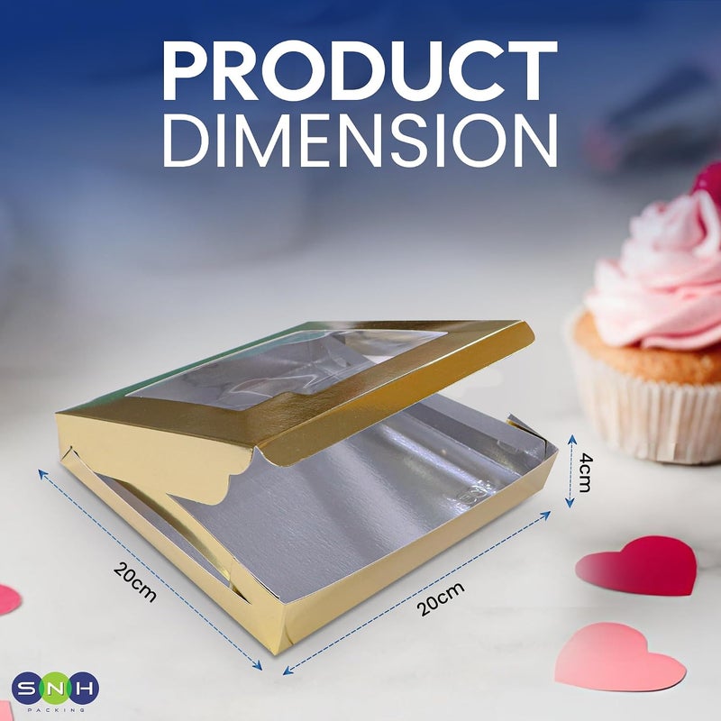 SNH Packing Pack 5 Gold Bakery Box with Window, 20 x 20 cm Sturdy Aluminum Treat Boxes for Cookies, Pastries, Donuts & Cakes - Dessert Gift Boxes for Weddings, Birthdays & Party Favors - Image 2
