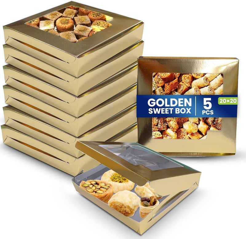 SNH Packing Pack 5 Gold Bakery Box with Window, 20 x 20 cm Sturdy Aluminum Treat Boxes for Cookies, Pastries, Donuts & Cakes - Dessert Gift Boxes for Weddings, Birthdays & Party Favors - Image 1