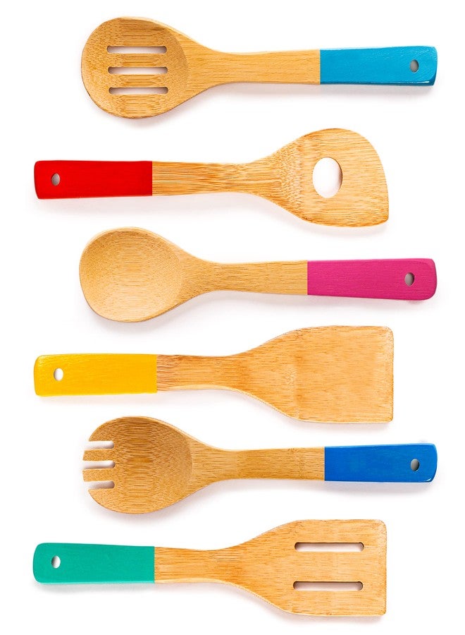 BergHOFF Bamboo 6Pc Utensil Set, Slotted & Plain Spatula, Slotted Spoon, Serving Spoon, Spaghetti Spoon, Salad Spoons 12" Multi-colors with Hanging Loop - Image 2