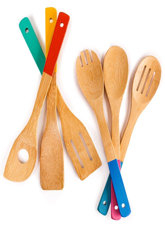 BergHOFF Bamboo 6Pc Utensil Set, Slotted & Plain Spatula, Slotted Spoon, Serving Spoon, Spaghetti Spoon, Salad Spoons 12" Multi-colors with Hanging Loop - Image 4