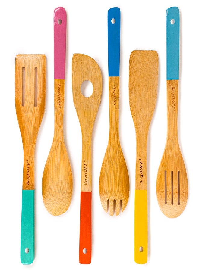 BergHOFF Bamboo 6Pc Utensil Set, Slotted & Plain Spatula, Slotted Spoon, Serving Spoon, Spaghetti Spoon, Salad Spoons 12" Multi-colors with Hanging Loop - Image 1