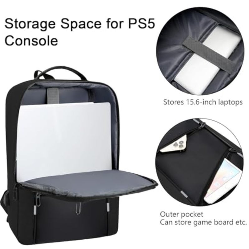 حقيبة ظهر للألعاب لجهاز PS5: حقيبة تخزين ذات سعة كبيرة مع منفذ USB، نايلون متين، أسود، تصميم مريح مقاوم للماء - Image 3