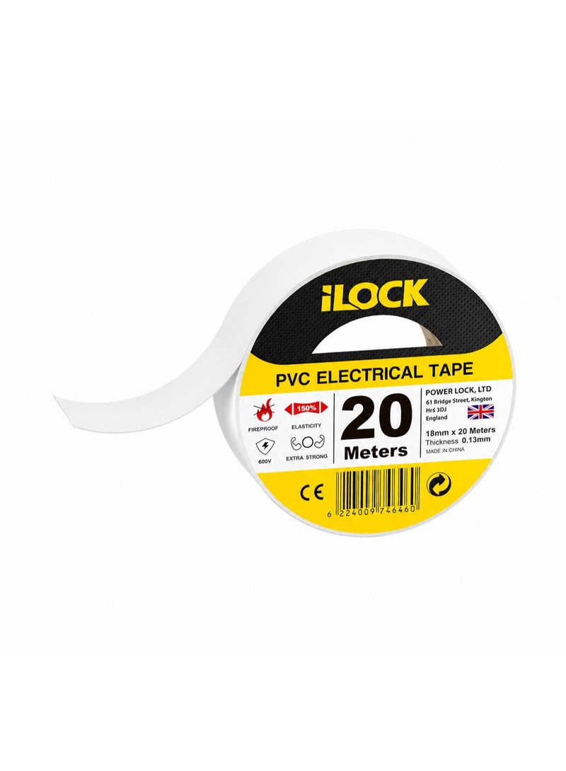 آي لوك شريط عازل كهربائي PVC من iLOCK – 20 متر – مقاوم للحريق – ابيض - Image 1
