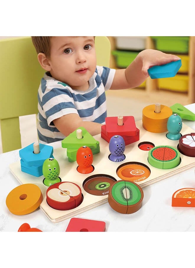 Aurlar - 3-in-1 Wooden Educational Toy – Shape & Color Sorting, Fruit Recognition, Montessori Stacking Puzzle – Interactive Learning Gift for Toddlers & Preschool Kids - Image 1