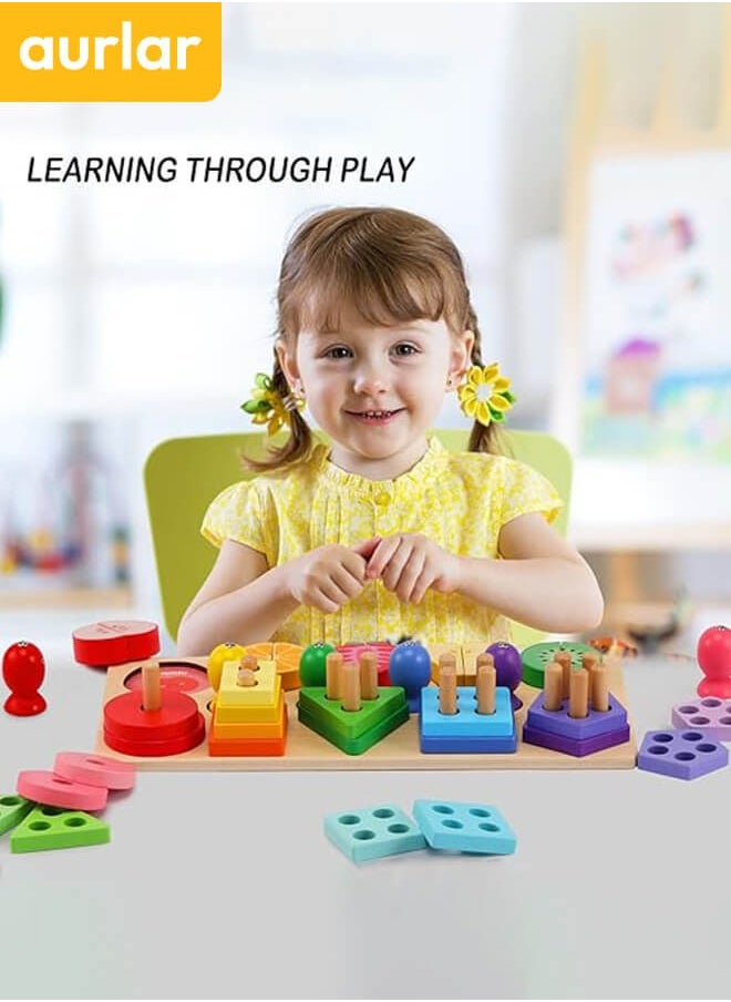 Aurlar - 3-in-1 Wooden Educational Toy – Shape & Color Sorting, Fruit Recognition, Montessori Stacking Puzzle – Interactive Learning Gift for Toddlers & Preschool Kids - Image 1
