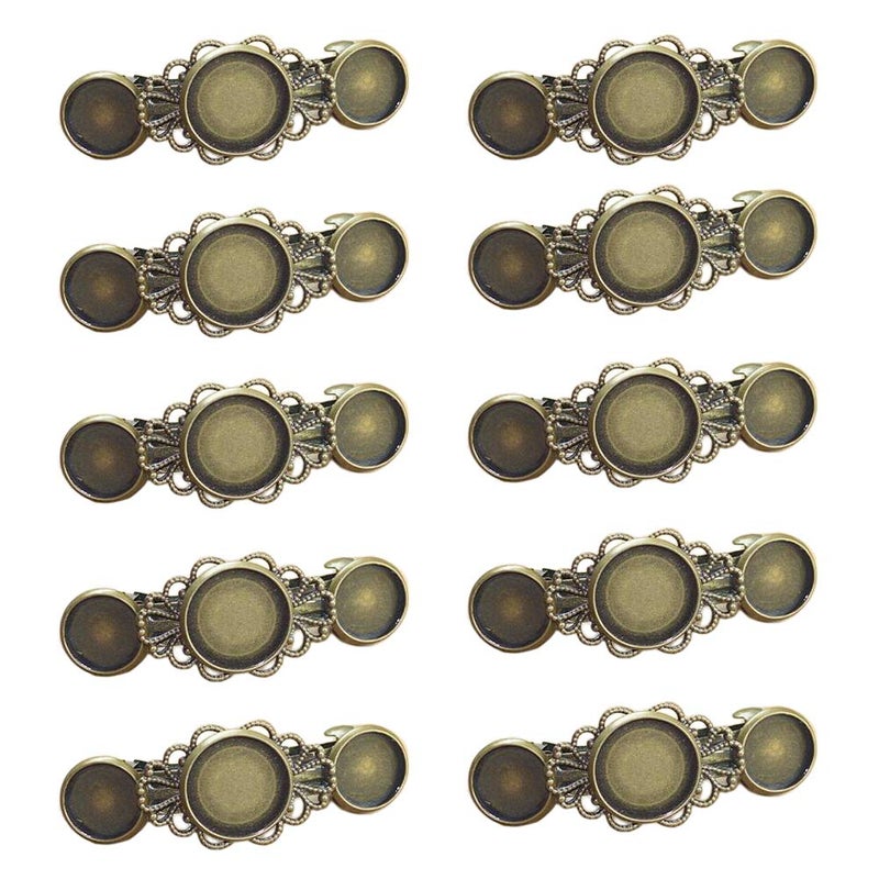 lasenersm 10 Pieces Metal Hair Clips with Round Tray Base for 12mm and 16mm Cabochon Settings Hair Barrettes with Hairgrip Base for DIY Hair Accessories Making Antique Bronze
