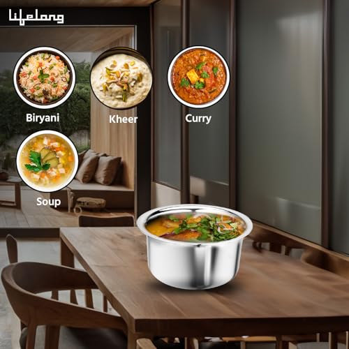 Lifelong Triply Tope with Lid for Cooking - Stainless Steel 16 cm Tope - 1.25 Litre Induction Bottom & Gas Stove Cookware - Even-Heat Distribution for Boiling, Cooking, and Simmering (Silver, LLTPT21) - Image 2