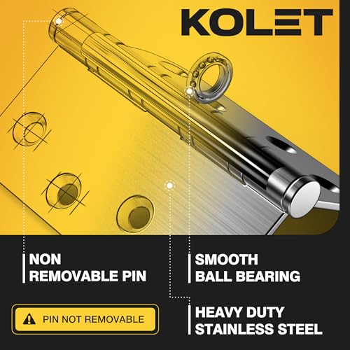 KOLET Ball Bearing Door Hinges, 4 x 4 Inches Door Hinges, Square and 5/8'' Radius Corner, Heavy Duty Stainless Steel Hinges, Smooth and Quiet, Non Removable Pin, Brushed Nickel, 3 Pack - Image 3