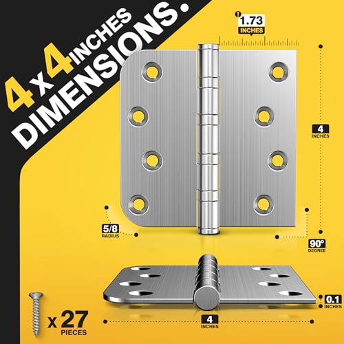 KOLET Ball Bearing Door Hinges, 4 x 4 Inches Door Hinges, Square and 5/8'' Radius Corner, Heavy Duty Stainless Steel Hinges, Smooth and Quiet, Non Removable Pin, Brushed Nickel, 3 Pack - Image 4