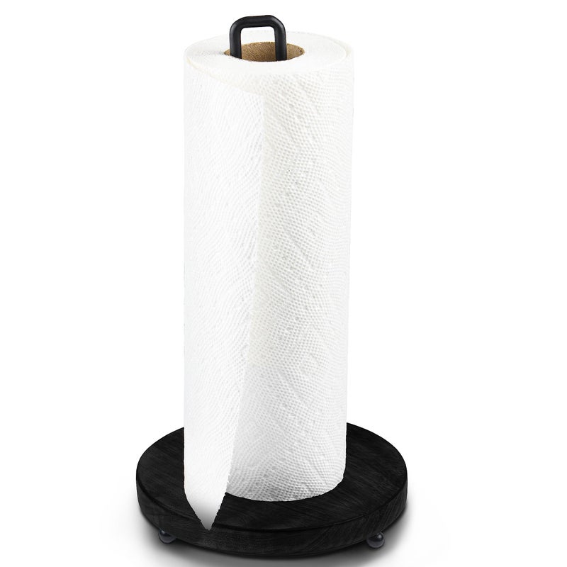 Tribello Modern Farmhouse Paper Towel Holders for Kitchen Vintage Wire and Wood Countertop Paper Towel Holder Black Edition