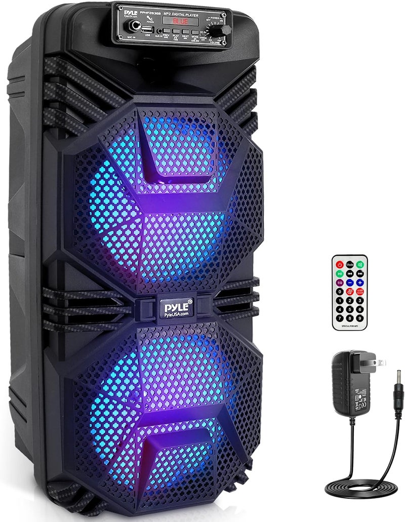 Pyle Bluetooth PA Speaker System - 600W Rechargeable Outdoor Bluetooth Speaker Portable PA System w/ Dual 8” Subwoofer 1” Tweeter, Microphone In, Party Lights, USB, Radio, Remote - PPHP2836B - Image 1