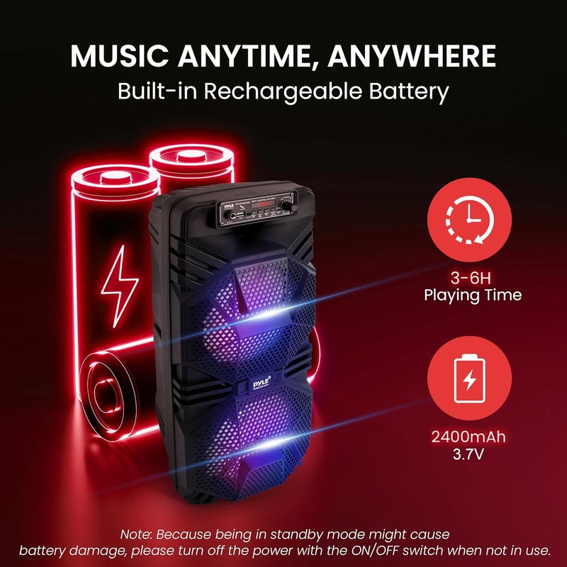 Pyle Bluetooth PA Speaker System - 600W Rechargeable Outdoor Bluetooth Speaker Portable PA System w/ Dual 8” Subwoofer 1” Tweeter, Microphone In, Party Lights, USB, Radio, Remote - PPHP2836B - Image 5