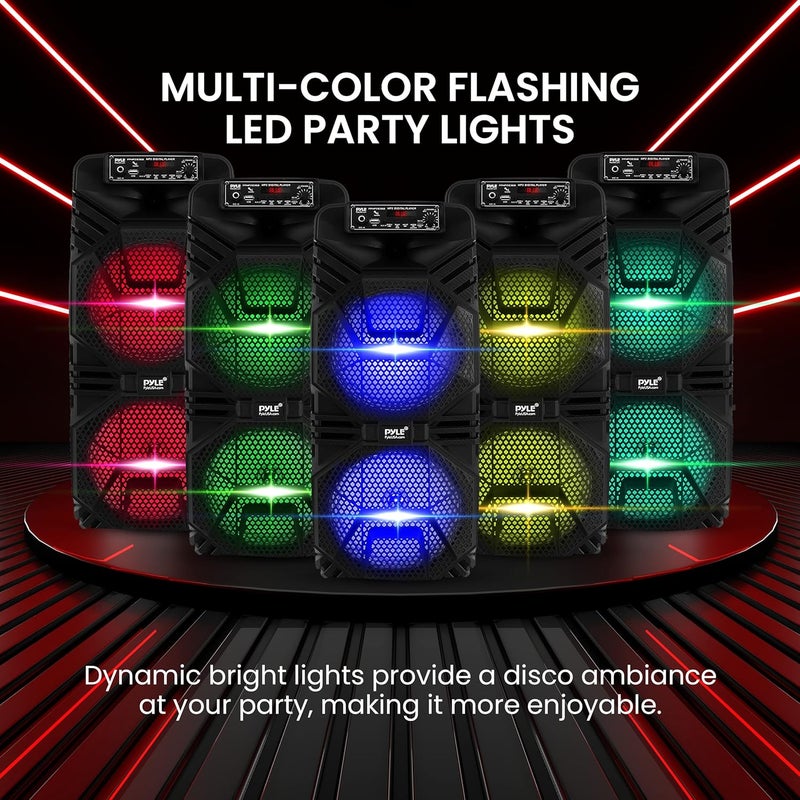 Pyle Bluetooth PA Speaker System - 600W Rechargeable Outdoor Bluetooth Speaker Portable PA System w/ Dual 8” Subwoofer 1” Tweeter, Microphone In, Party Lights, USB, Radio, Remote - PPHP2836B - Image 4