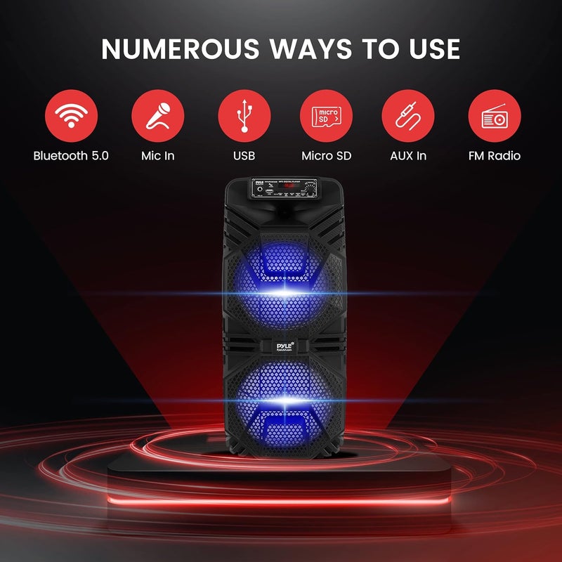 Pyle Bluetooth PA Speaker System - 600W Rechargeable Outdoor Bluetooth Speaker Portable PA System w/ Dual 8” Subwoofer 1” Tweeter, Microphone In, Party Lights, USB, Radio, Remote - PPHP2836B - Image 3