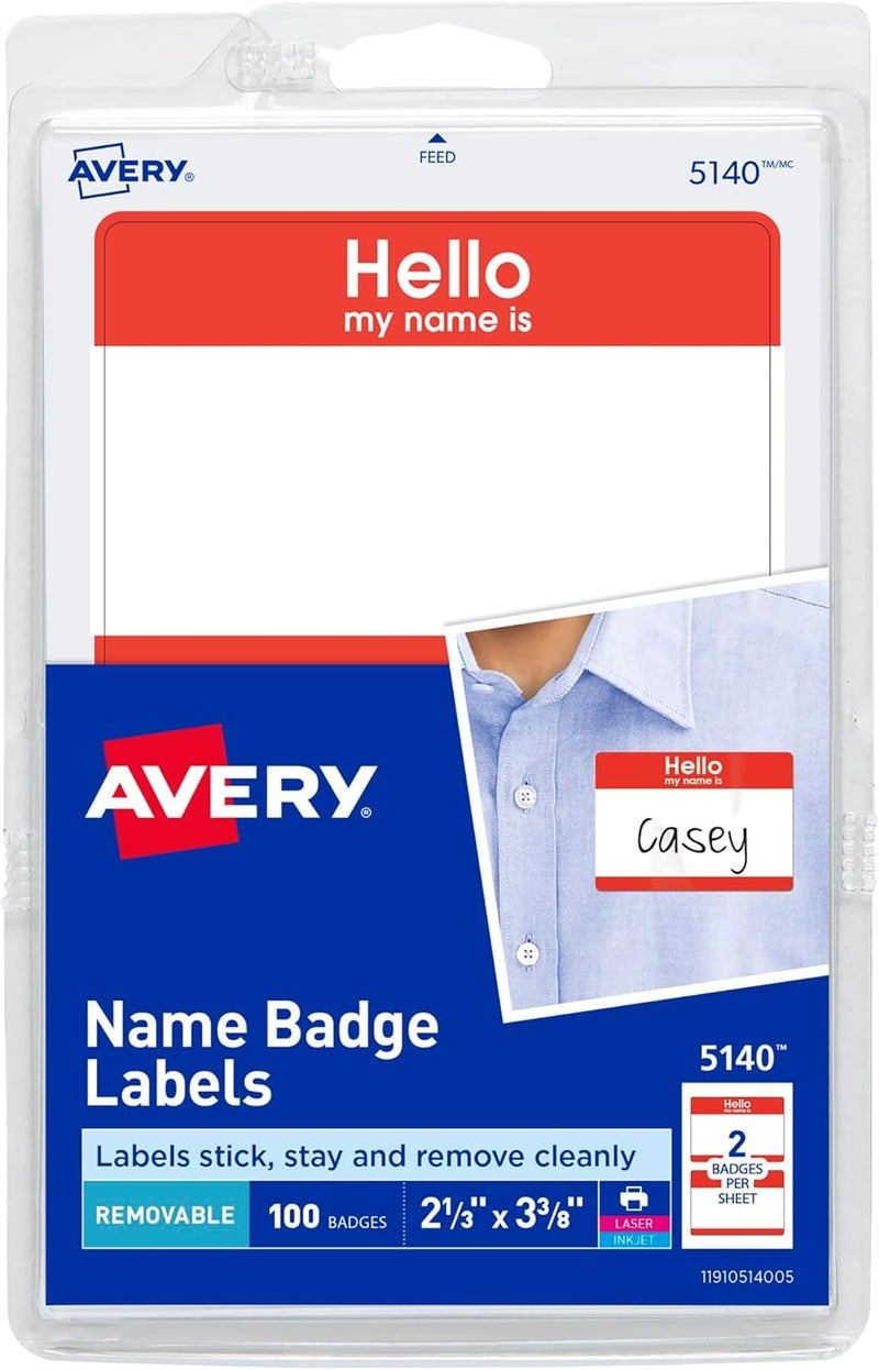 AVERY Hello My Name is Name Tags, White with Red Border, 100 Removable Name Badges (05140) - Image 1