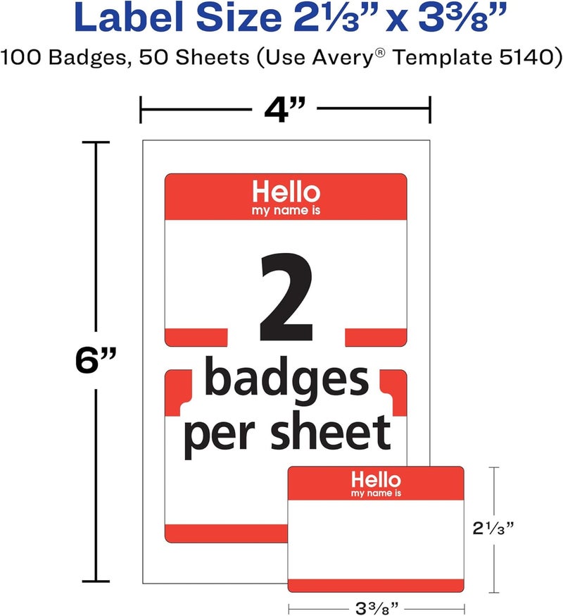 AVERY Hello My Name is Name Tags, White with Red Border, 100 Removable Name Badges (05140) - Image 3