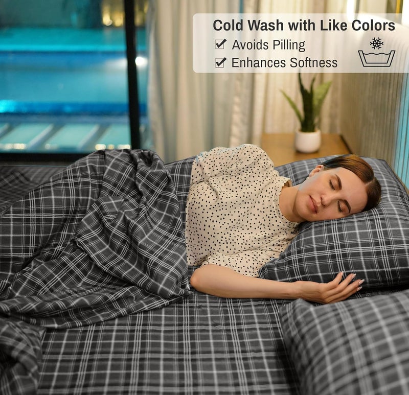 RUVANTI Flannel Sheets Full Size - 100% Cotton Double Brushed Bed Sheets Set, Deep Pockets 16 Inches, All Seasons Breathable & Extra Soft Full Sheets, Warm & Cozy, 4 Piece, Grey Plaid - Image 5