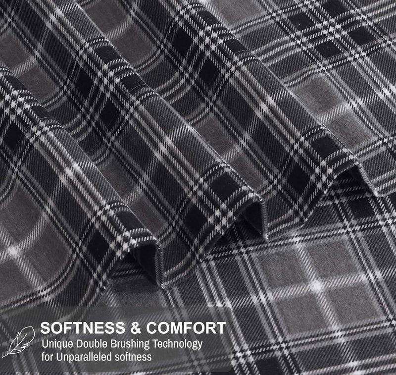 RUVANTI Flannel Sheets Full Size - 100% Cotton Double Brushed Bed Sheets Set, Deep Pockets 16 Inches, All Seasons Breathable & Extra Soft Full Sheets, Warm & Cozy, 4 Piece, Grey Plaid - Image 3