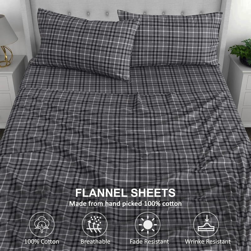 RUVANTI Flannel Sheets Full Size - 100% Cotton Double Brushed Bed Sheets Set, Deep Pockets 16 Inches, All Seasons Breathable & Extra Soft Full Sheets, Warm & Cozy, 4 Piece, Grey Plaid - Image 4