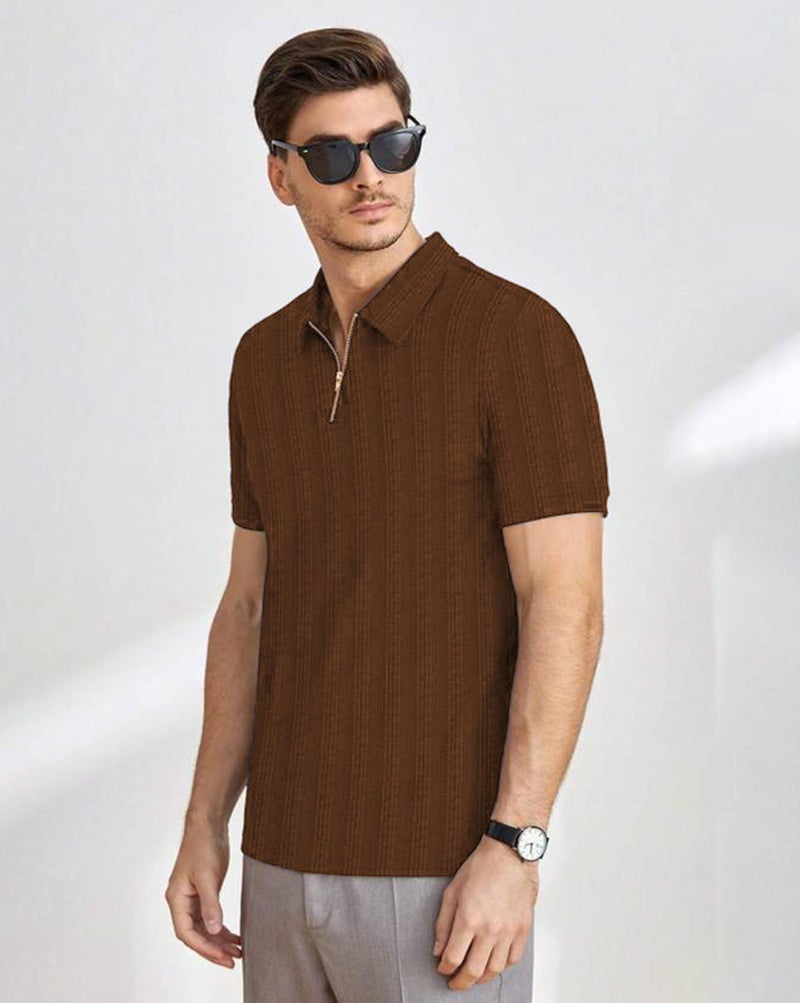 ausk Men T-Shirts Polos || Polo Tshirt with Texture Fabric Zipper Neck Brown - Image 2