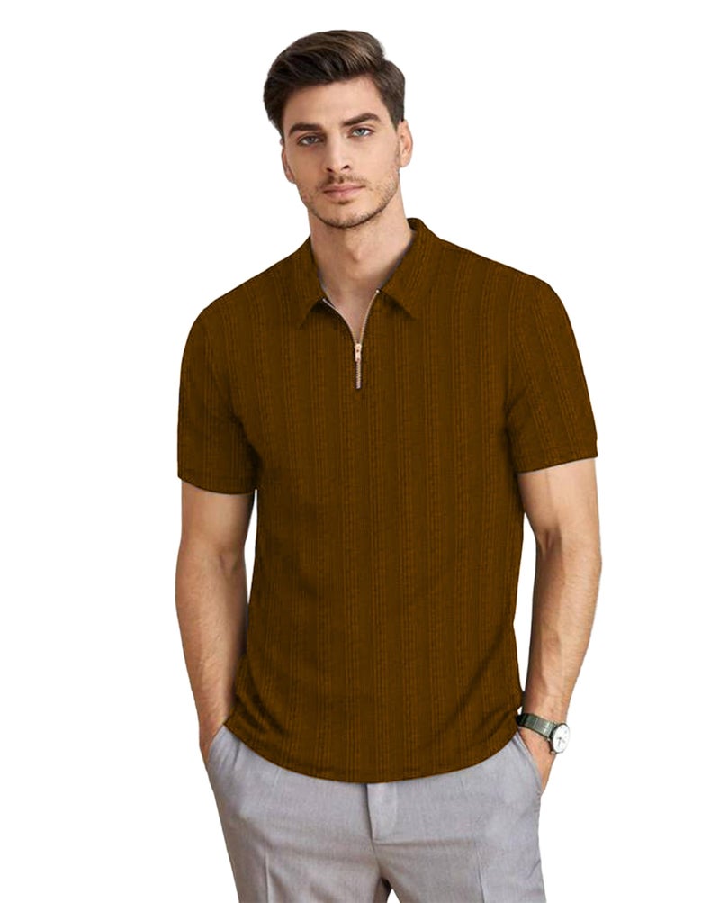 ausk Men T-Shirts Polos || Polo Tshirt with Texture Fabric Zipper Neck Brown - Image 1