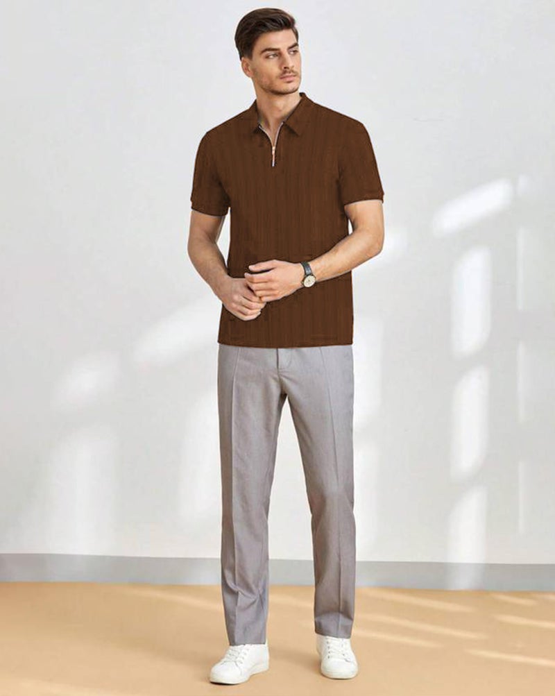 ausk Men T-Shirts Polos || Polo Tshirt with Texture Fabric Zipper Neck Brown - Image 5