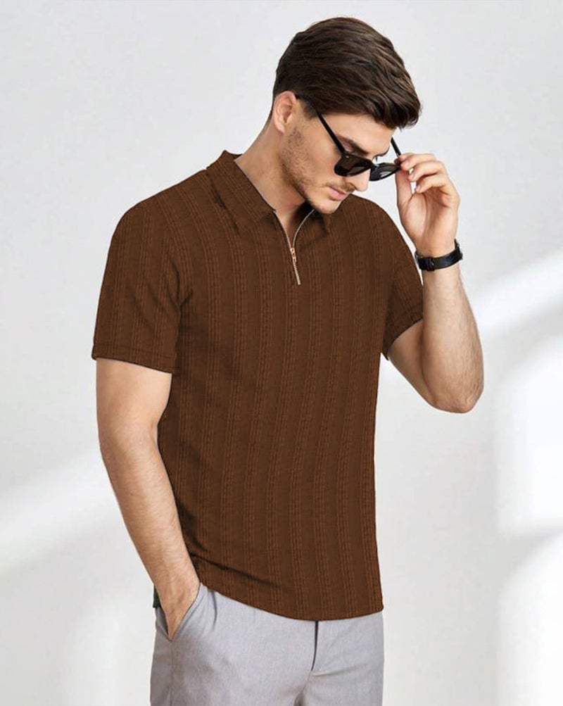 ausk Men T-Shirts Polos || Polo Tshirt with Texture Fabric Zipper Neck Brown - Image 3