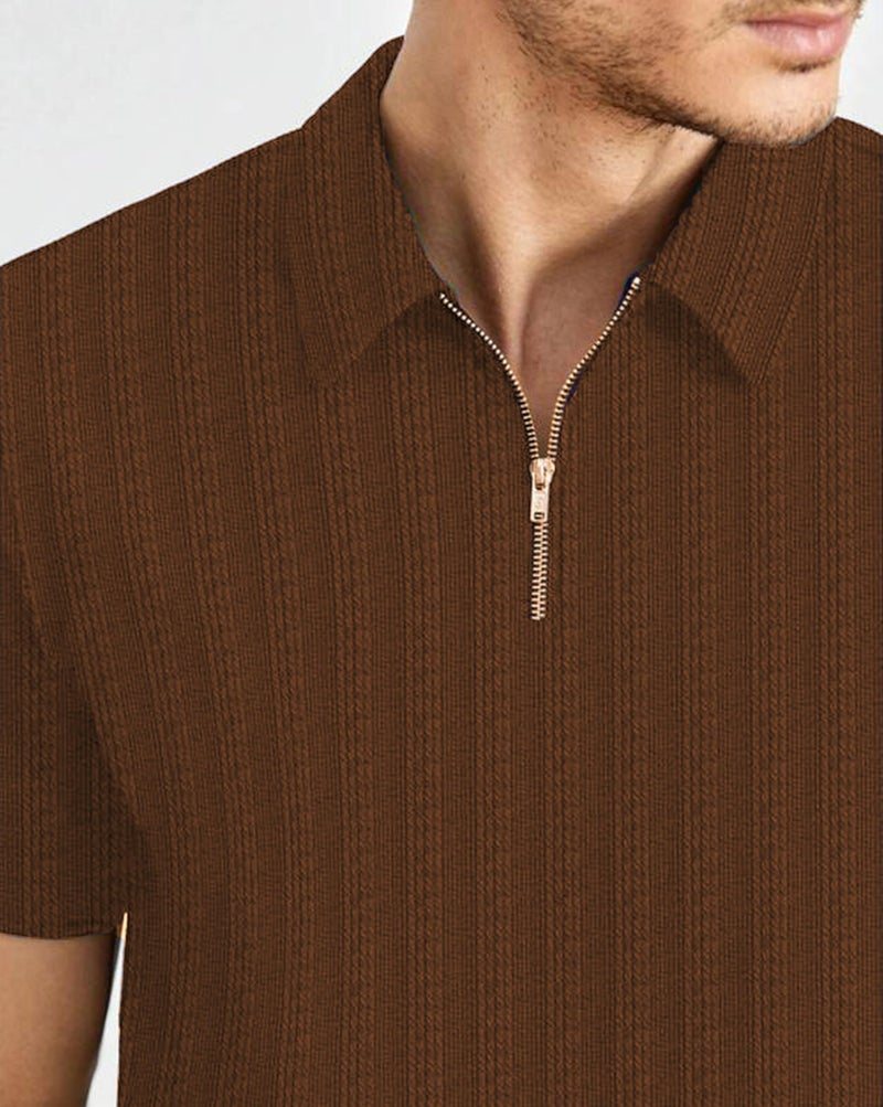 ausk Men T-Shirts Polos || Polo Tshirt with Texture Fabric Zipper Neck Brown - Image 4