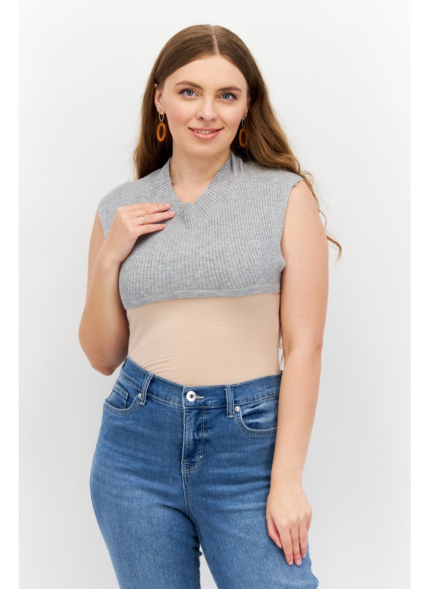 Etam Women Mock Neck Sleeveless Knitted Shoulder Warmer Top, Grey  - Image 3